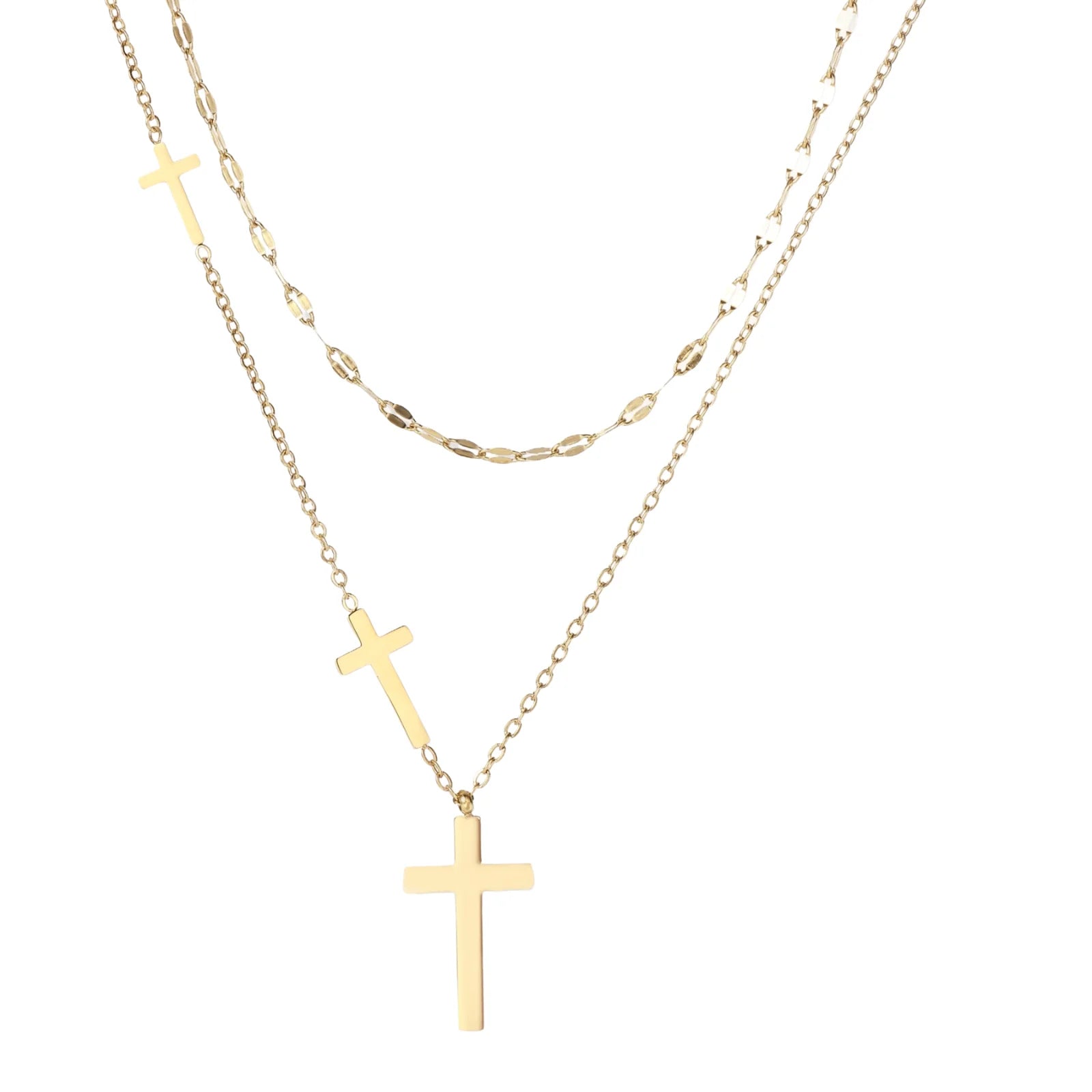 Three-layered gold necklace set with graduated cross pendants in mixed chain styles on white background.