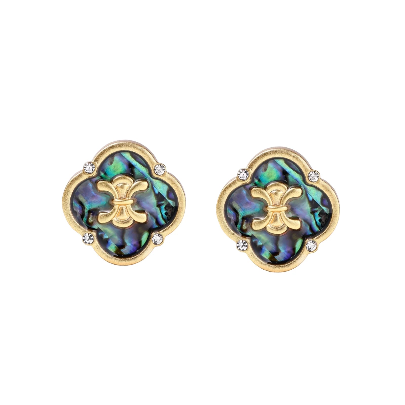 Gold quatrefoil stud earrings with iridescent abalone shell inlay and fleur-de-lis center, accented by four crystals
