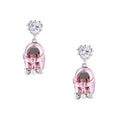 Drop earrings featuring miniature translucent handbag charms with heart crystal studs, silver bow accents, and pearls