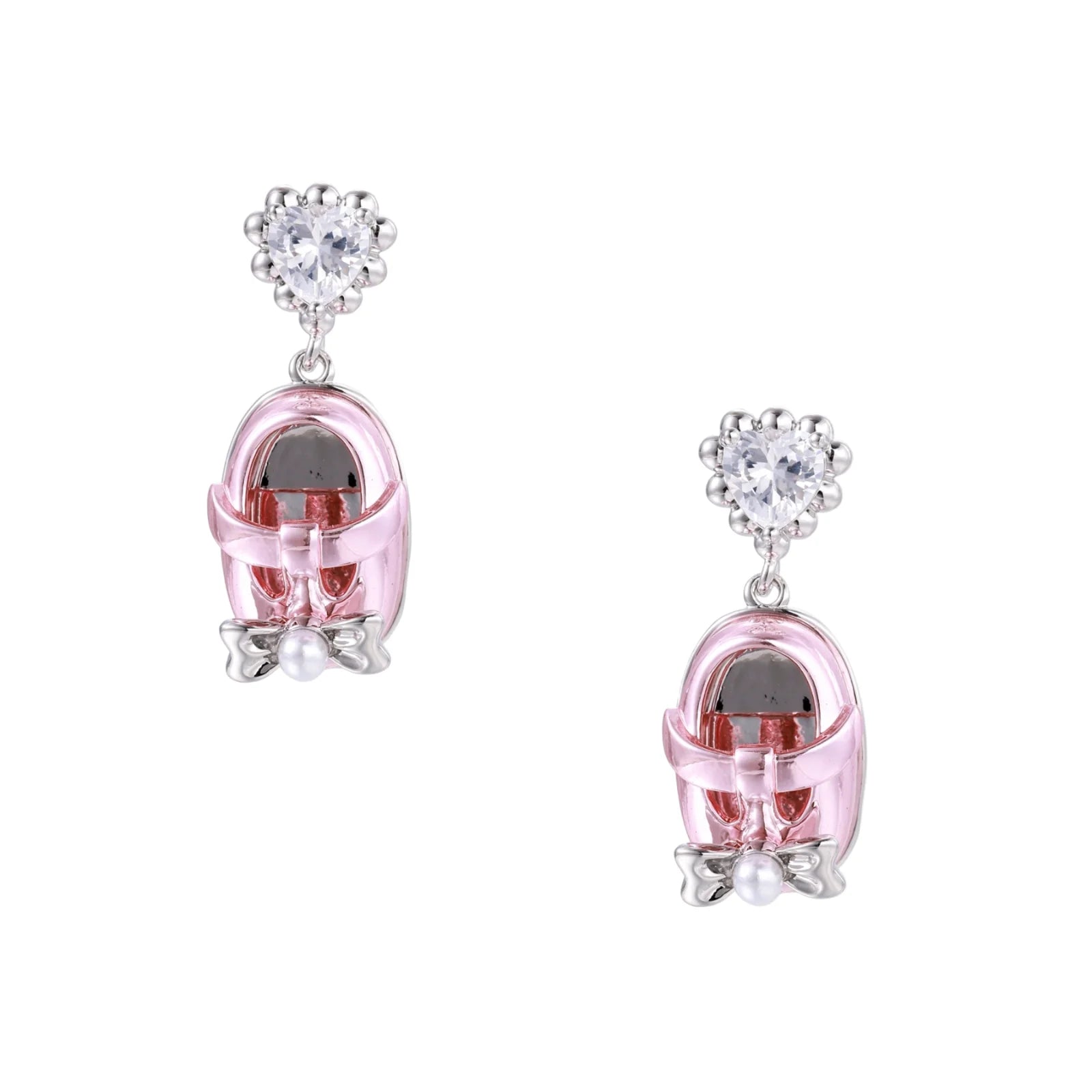 Drop earrings featuring miniature translucent handbag charms with heart crystal studs, silver bow accents, and pearls