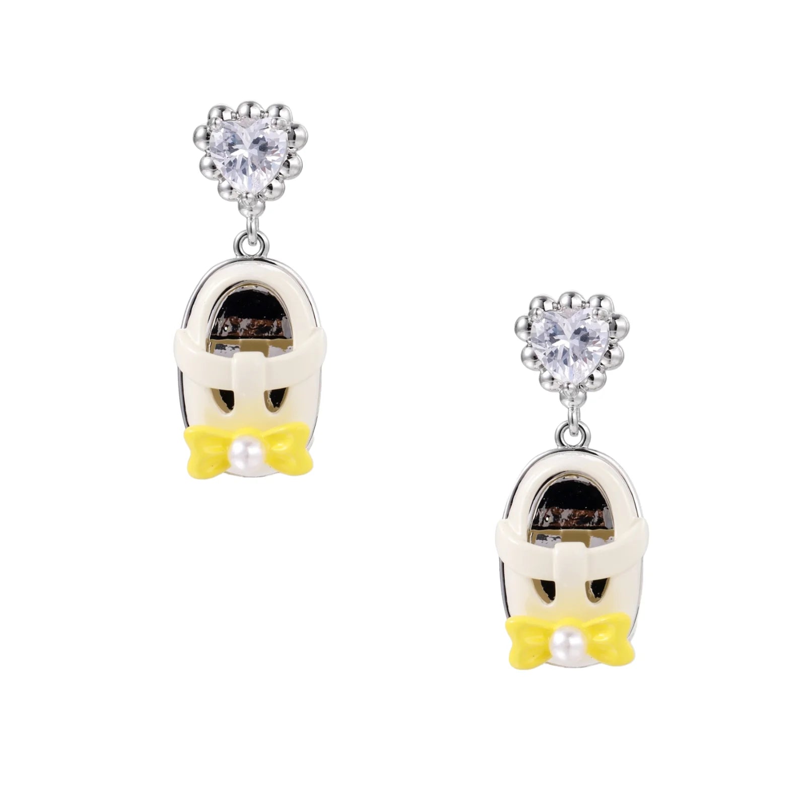 Drop earrings featuring miniature translucent handbag charms with heart crystal studs, silver bow accents, and pearls