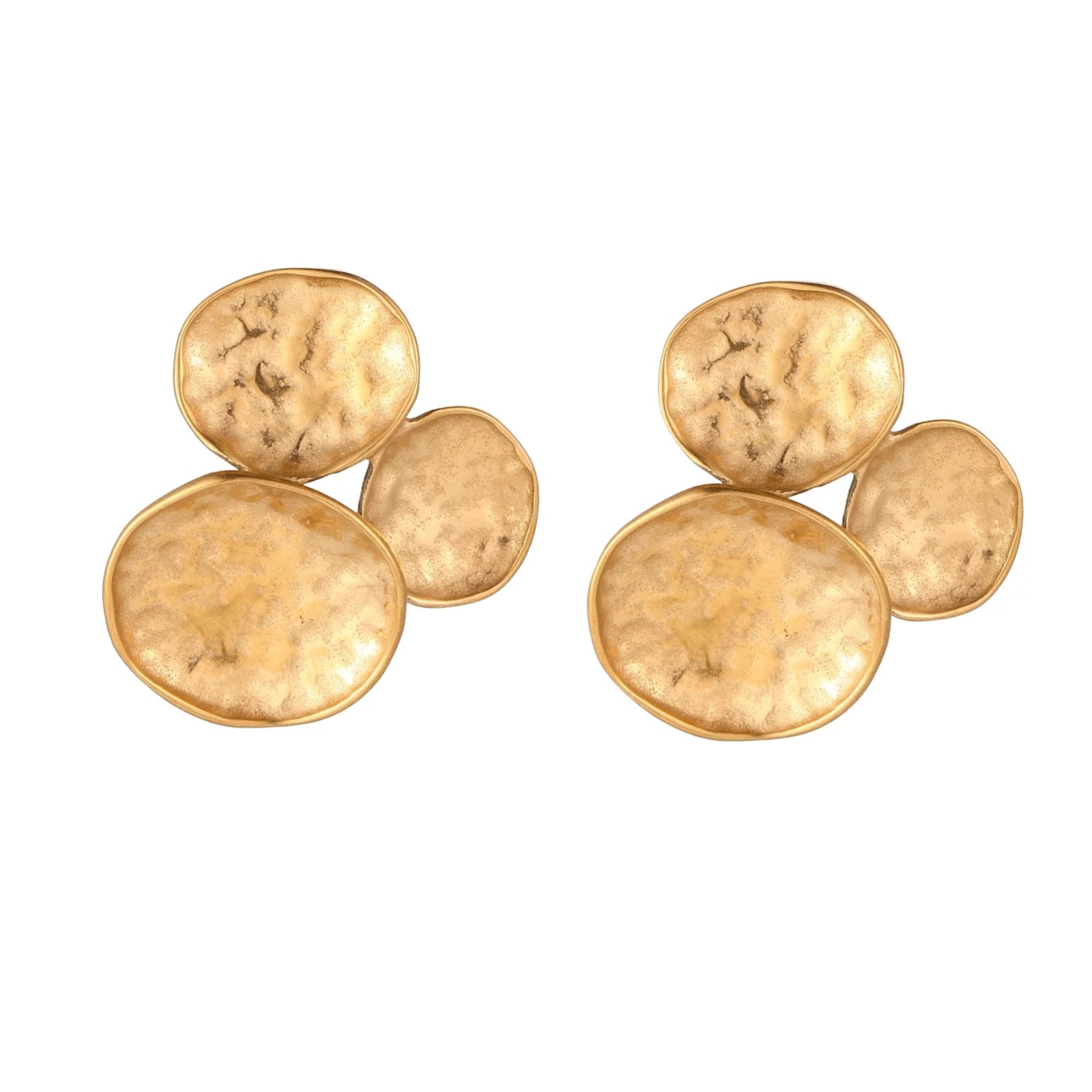 Three hammered gold discs clustered together forming organic statement earrings with textured surfaces