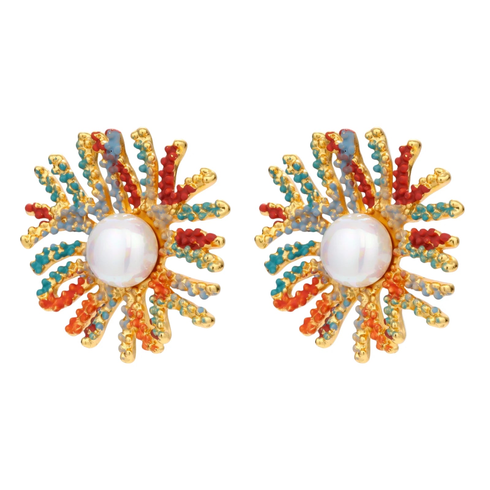 Vibrant starburst stud earrings with multicolor enamel rays and white pearl centers on gold-plated setting