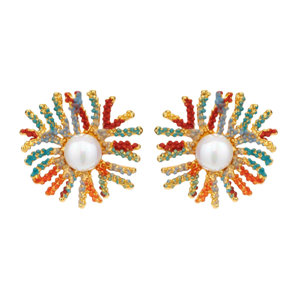 Vibrant starburst stud earrings with multicolor enamel rays and white pearl centers on gold-plated setting