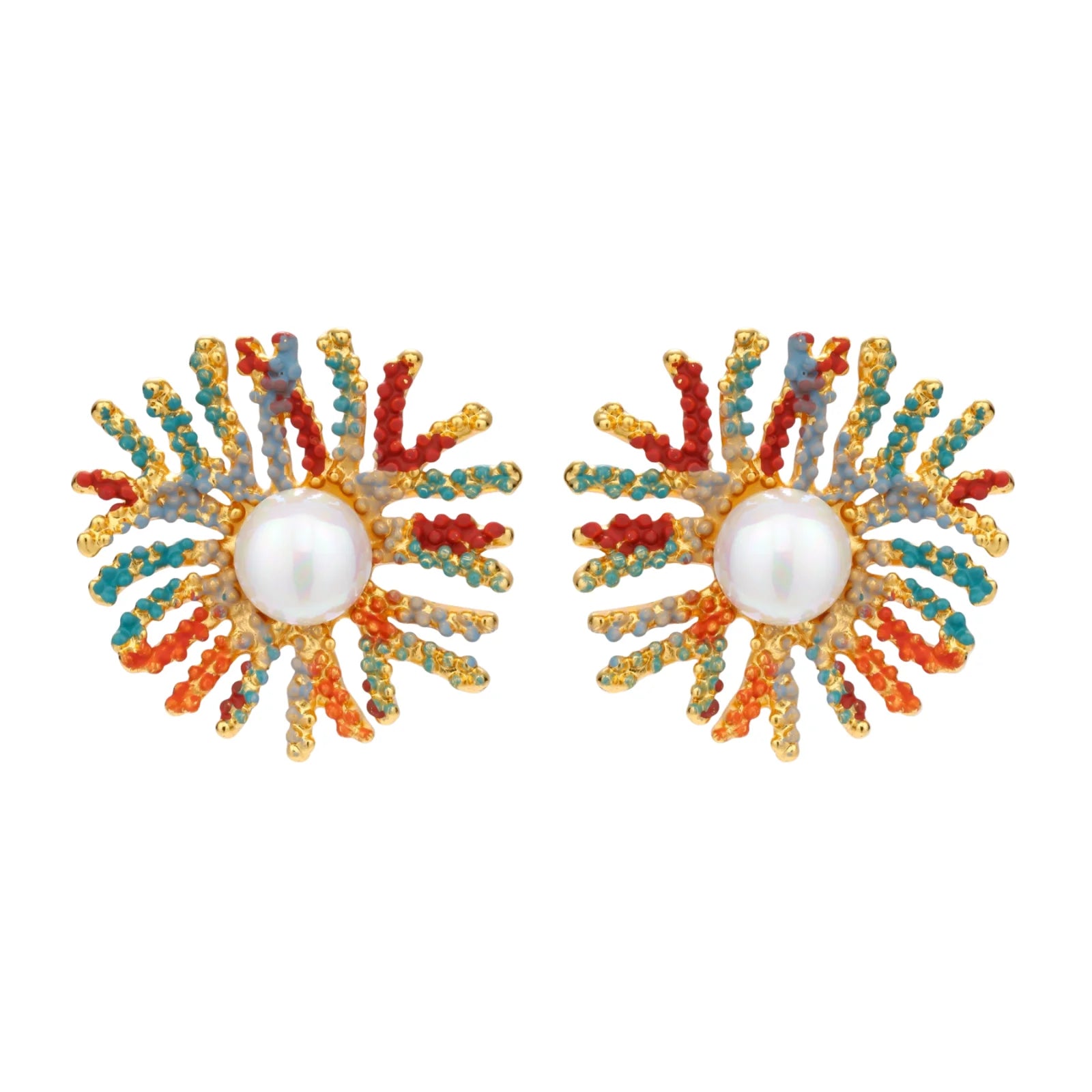 Vibrant starburst stud earrings with multicolor enamel rays and white pearl centers on gold-plated setting
