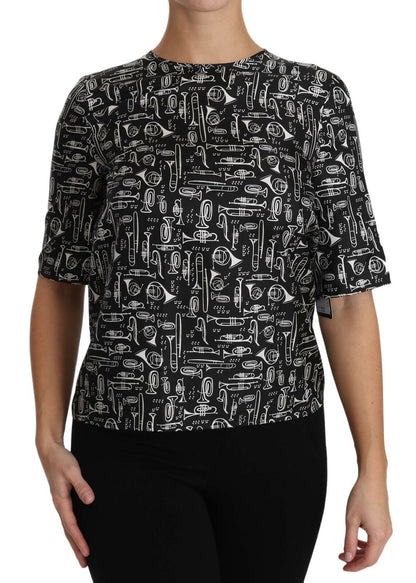 Blusa de seda con estampado de instrumentos musicales negra de Dolce & Gabbana