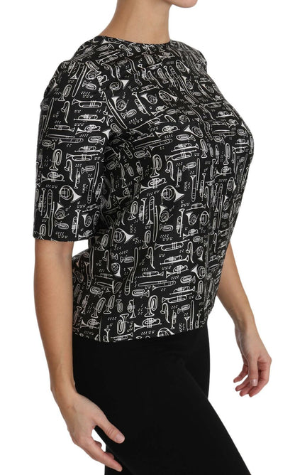 Blusa de seda con estampado de instrumentos musicales negra de Dolce & Gabbana