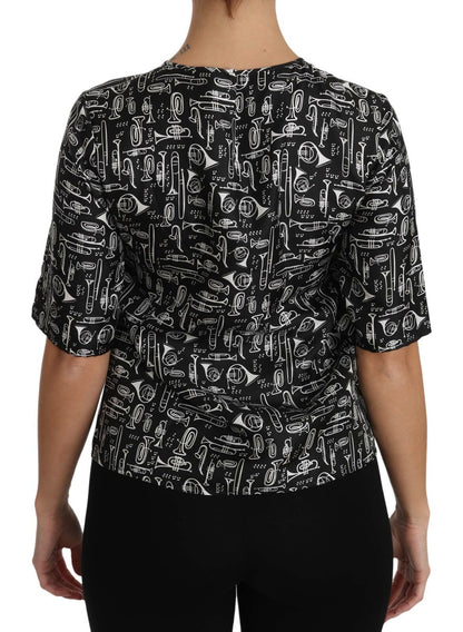 Blusa de seda con estampado de instrumentos musicales negra de Dolce & Gabbana
