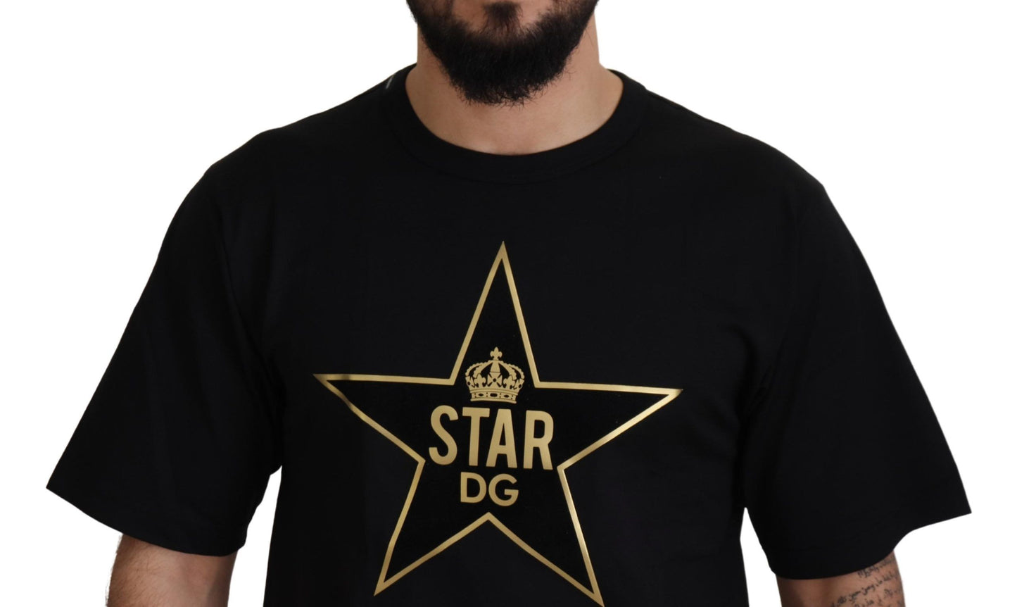 Camiseta Dolce & Gabbana negra dorada con cuello redondo de algodón y corona de estrella DG