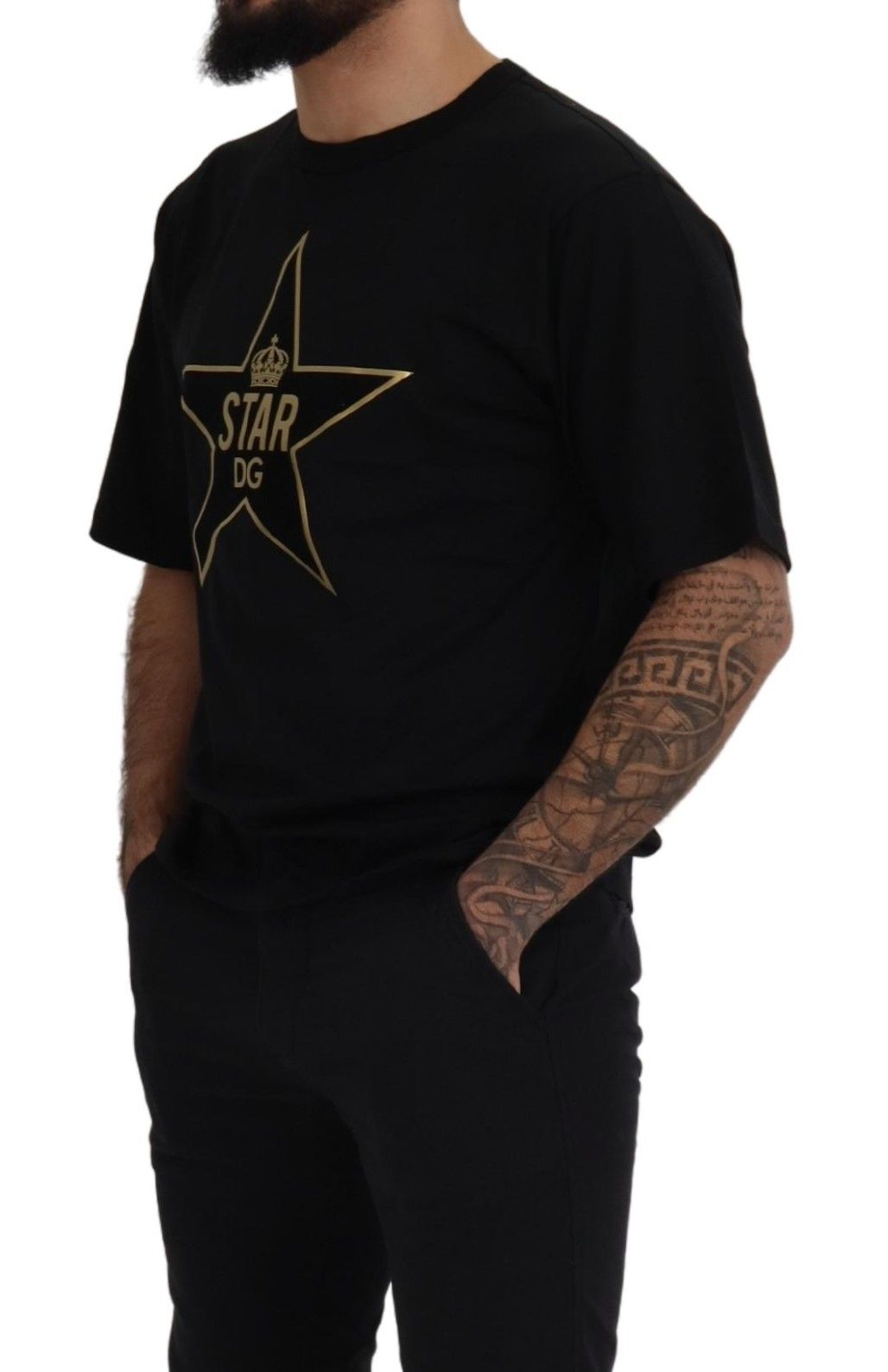 Camiseta Dolce & Gabbana negra dorada con cuello redondo de algodón y corona de estrella DG