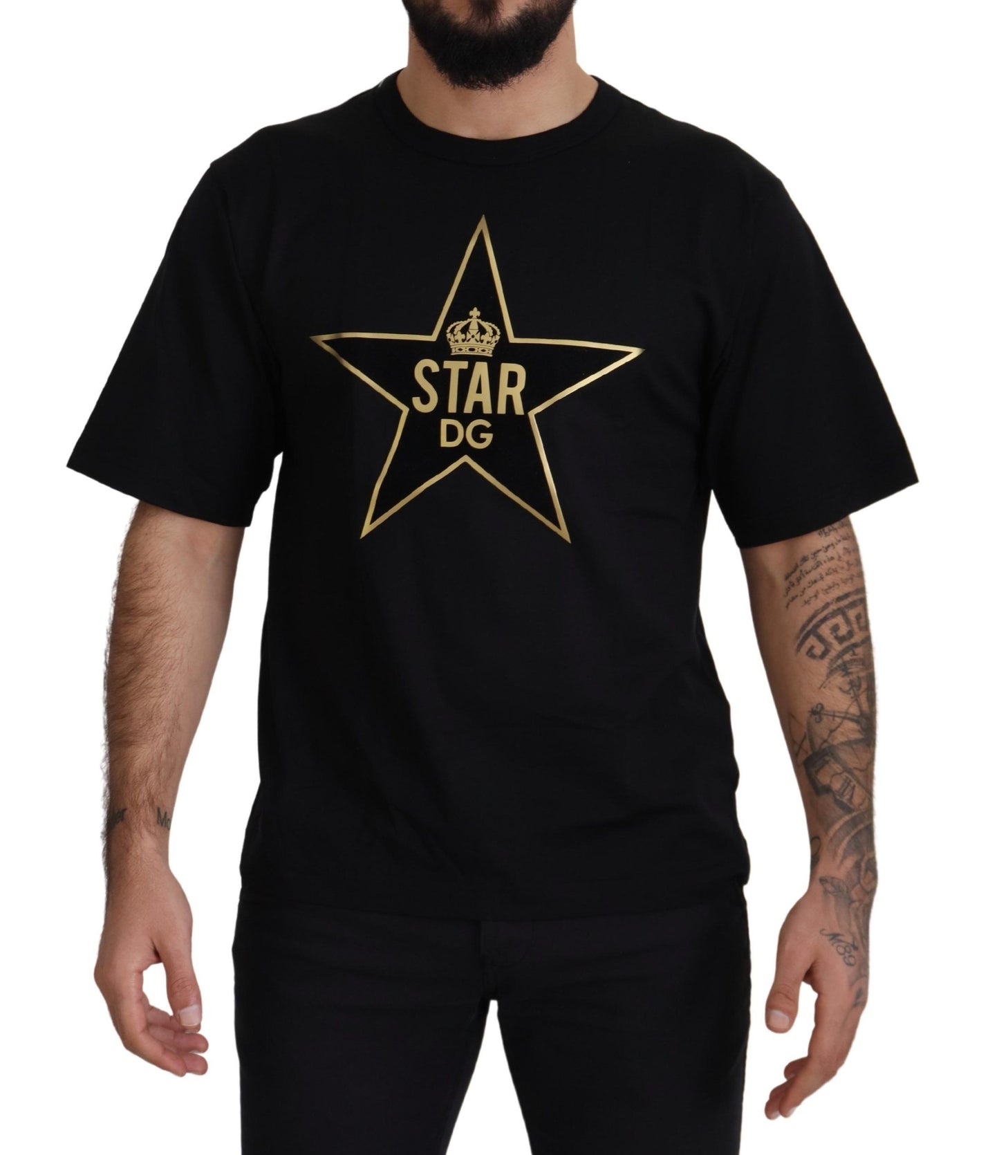 Camiseta Dolce & Gabbana negra dorada con cuello redondo de algodón y corona de estrella DG