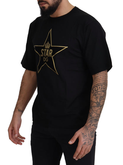 Camiseta Dolce & Gabbana negra dorada con cuello redondo de algodón y corona de estrella DG
