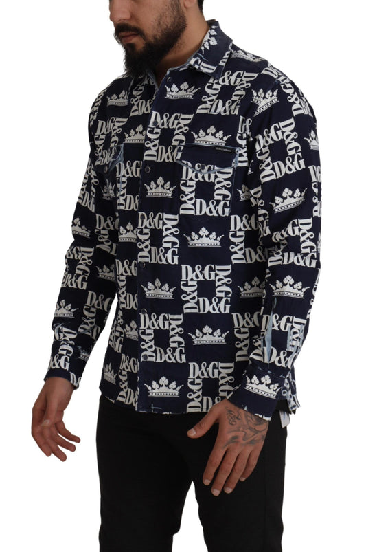 Camisa informal elástica de denim azul con el logo DG Crown de Dolce & Gabbana
