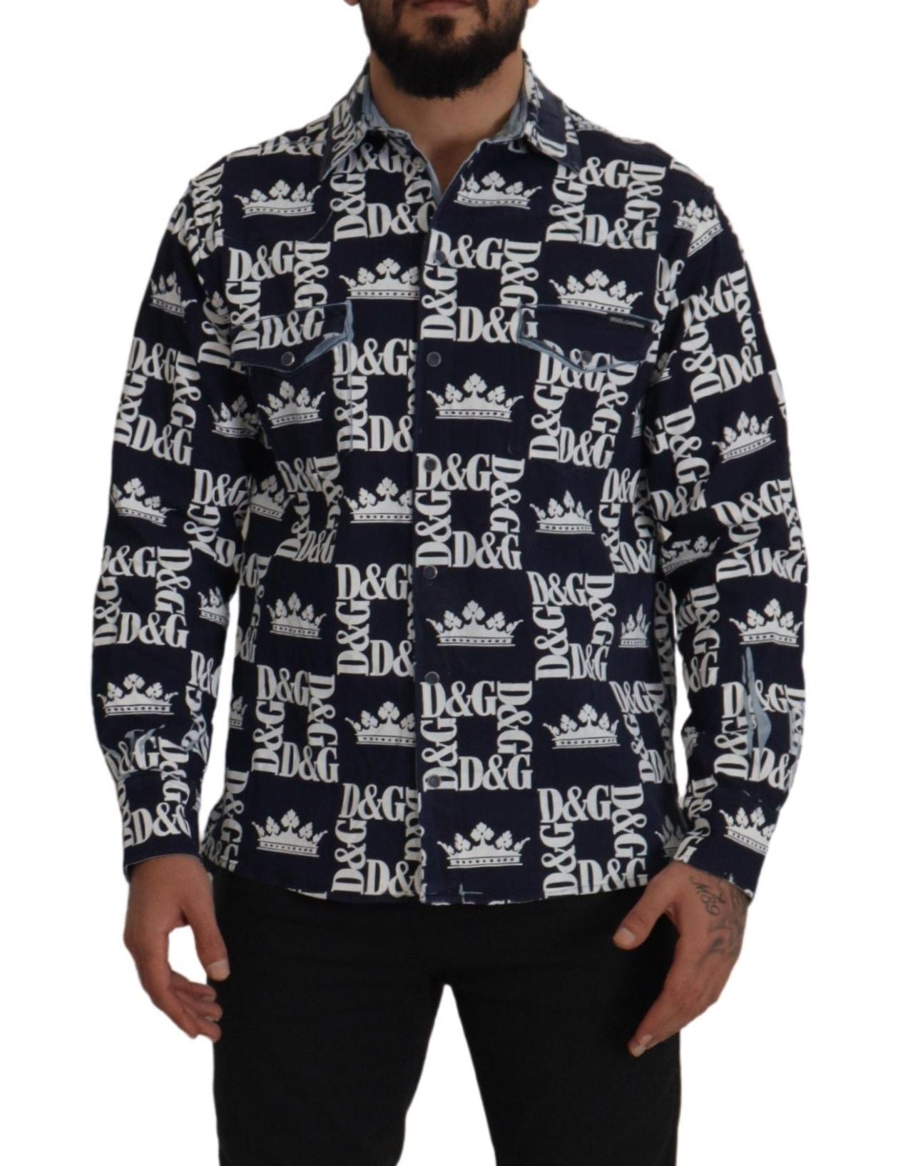 Camisa informal elástica de denim azul con el logo DG Crown de Dolce & Gabbana