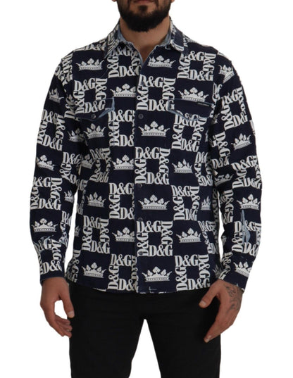Camisa informal elástica de denim azul con el logo DG Crown de Dolce & Gabbana