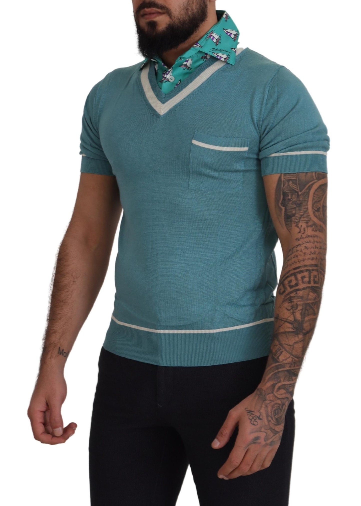 Dolce & Gabbana Polo de Seda Azul para Hombre Camiseta con Cuello en V