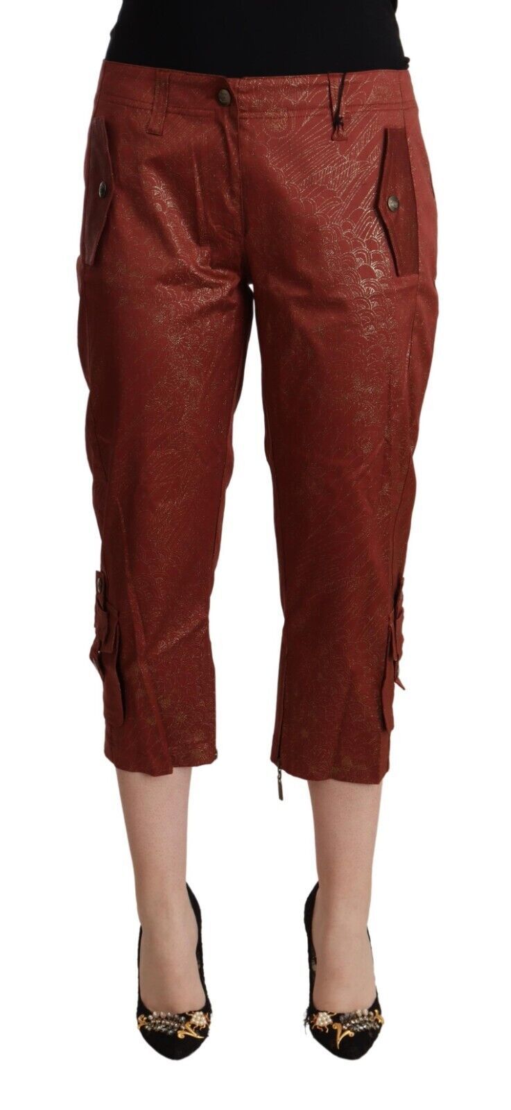 Pantalones Capri de Algodón Cortos de Tiro Medio con Lúrex Marrón Just Cavalli