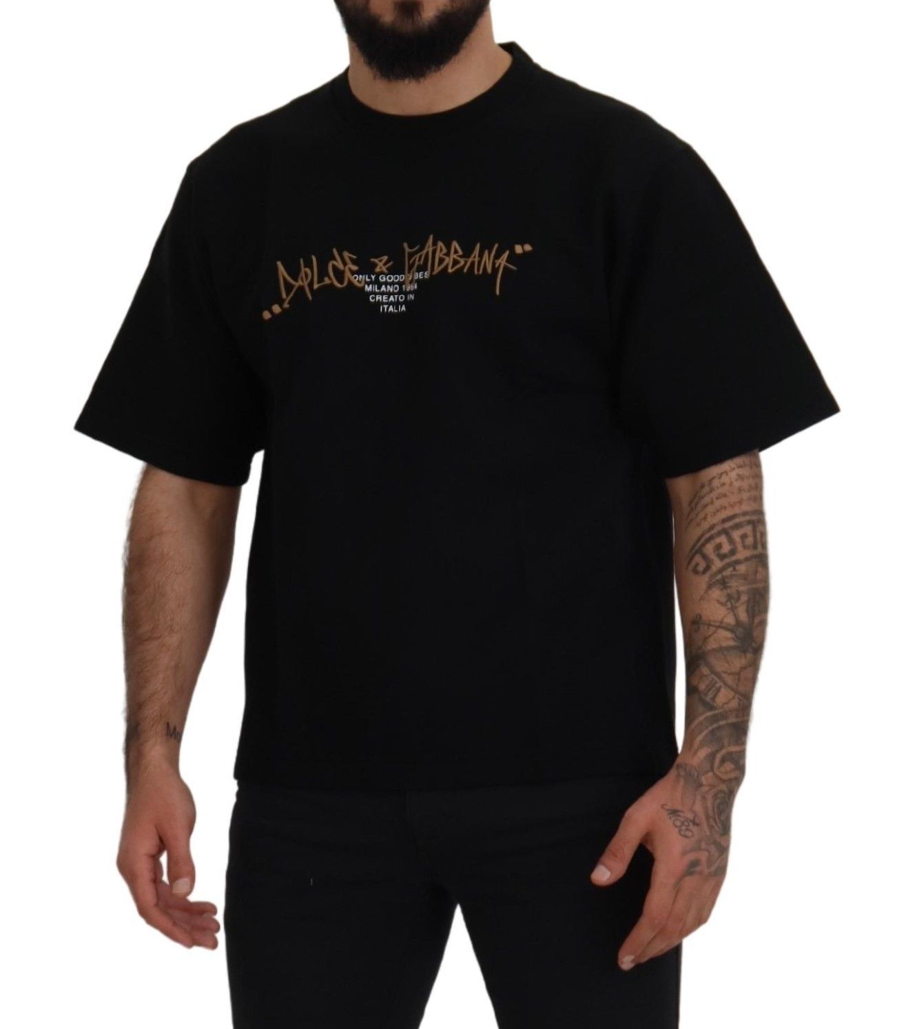 Camiseta de algodón con cuello redondo y logo negro de Dolce & Gabbana