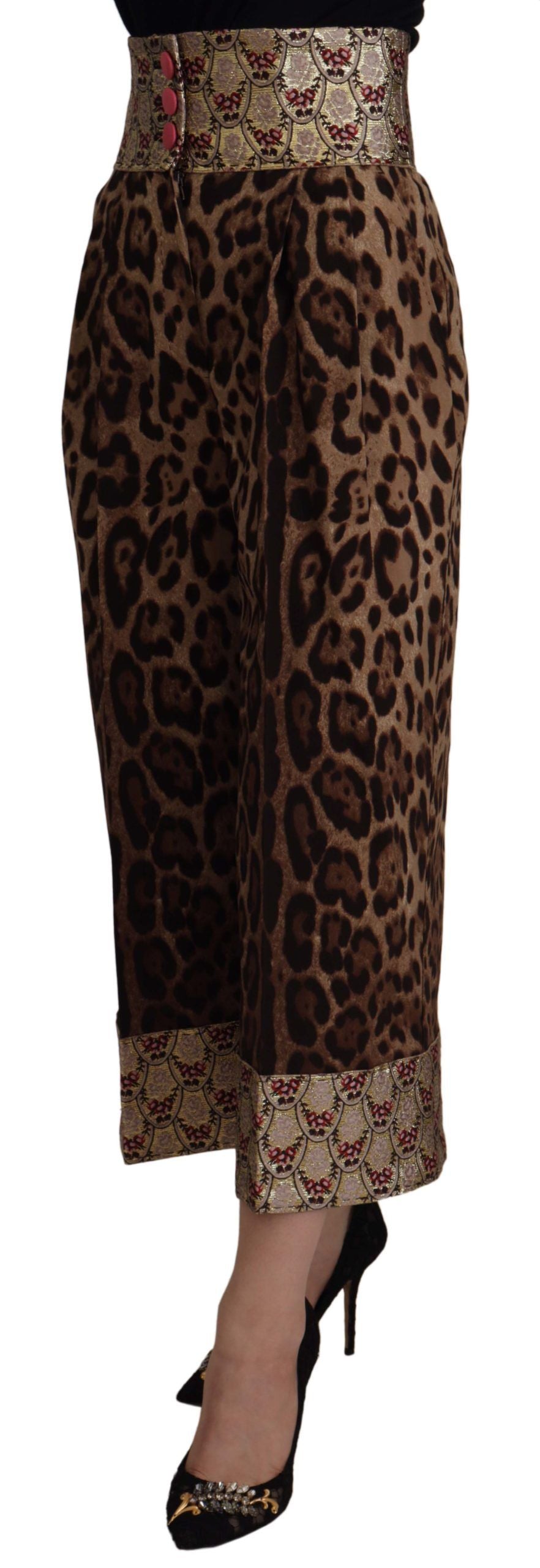Pantalones de tiro alto Dolce & Gabbana de jacquard dorado con estampado de leopardo marrón