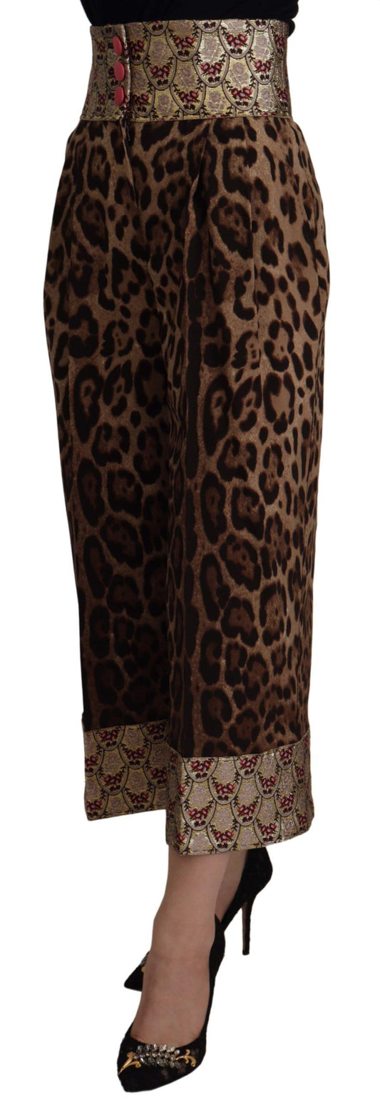 Pantalones de tiro alto Dolce & Gabbana de jacquard dorado con estampado de leopardo marrón