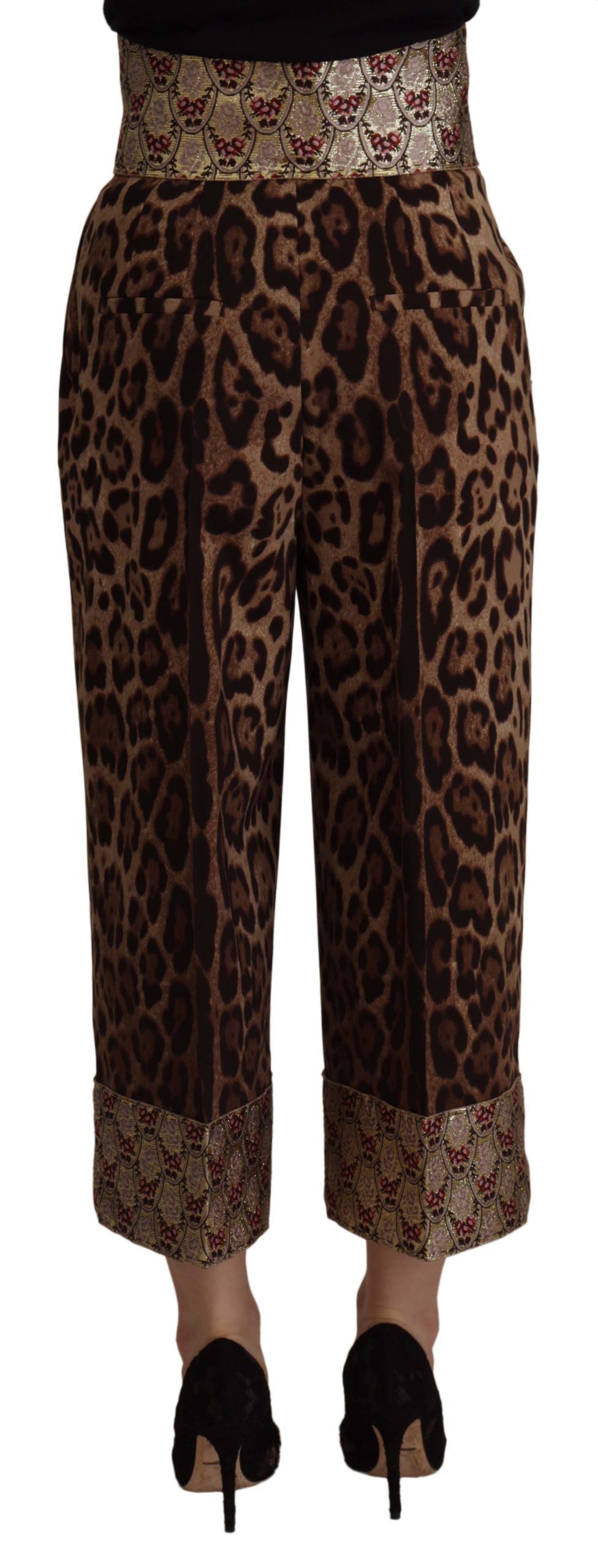 Pantalones de tiro alto Dolce & Gabbana de jacquard dorado con estampado de leopardo marrón