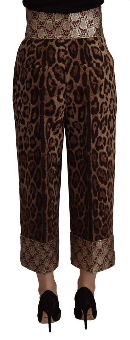Pantalones de tiro alto Dolce & Gabbana de jacquard dorado con estampado de leopardo marrón