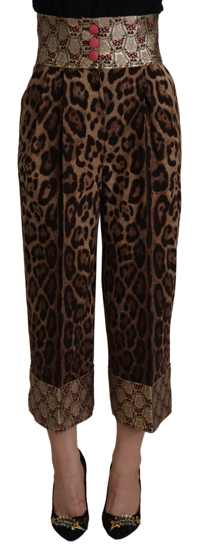 Pantalones de tiro alto Dolce & Gabbana de jacquard dorado con estampado de leopardo marrón