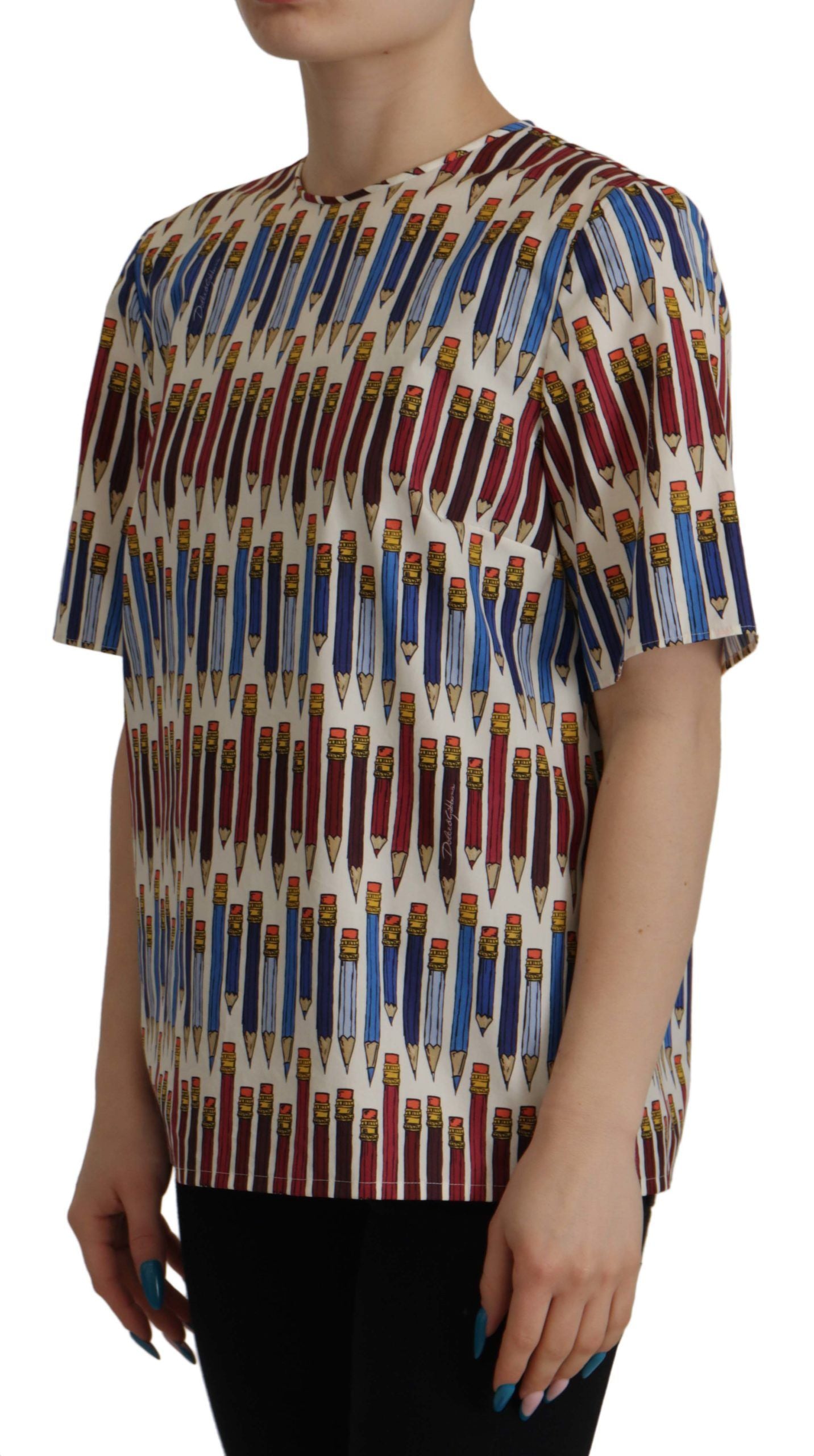 Camiseta-blusa de algodón blanca con estampado de lápices de Dolce & Gabbana