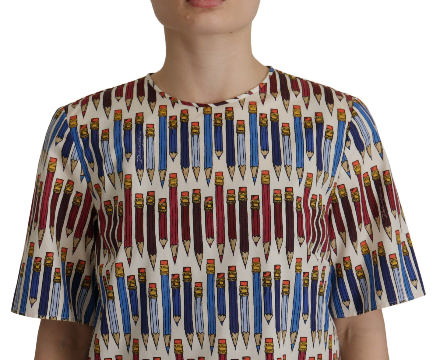 Camiseta-blusa de algodón blanca con estampado de lápices de Dolce & Gabbana