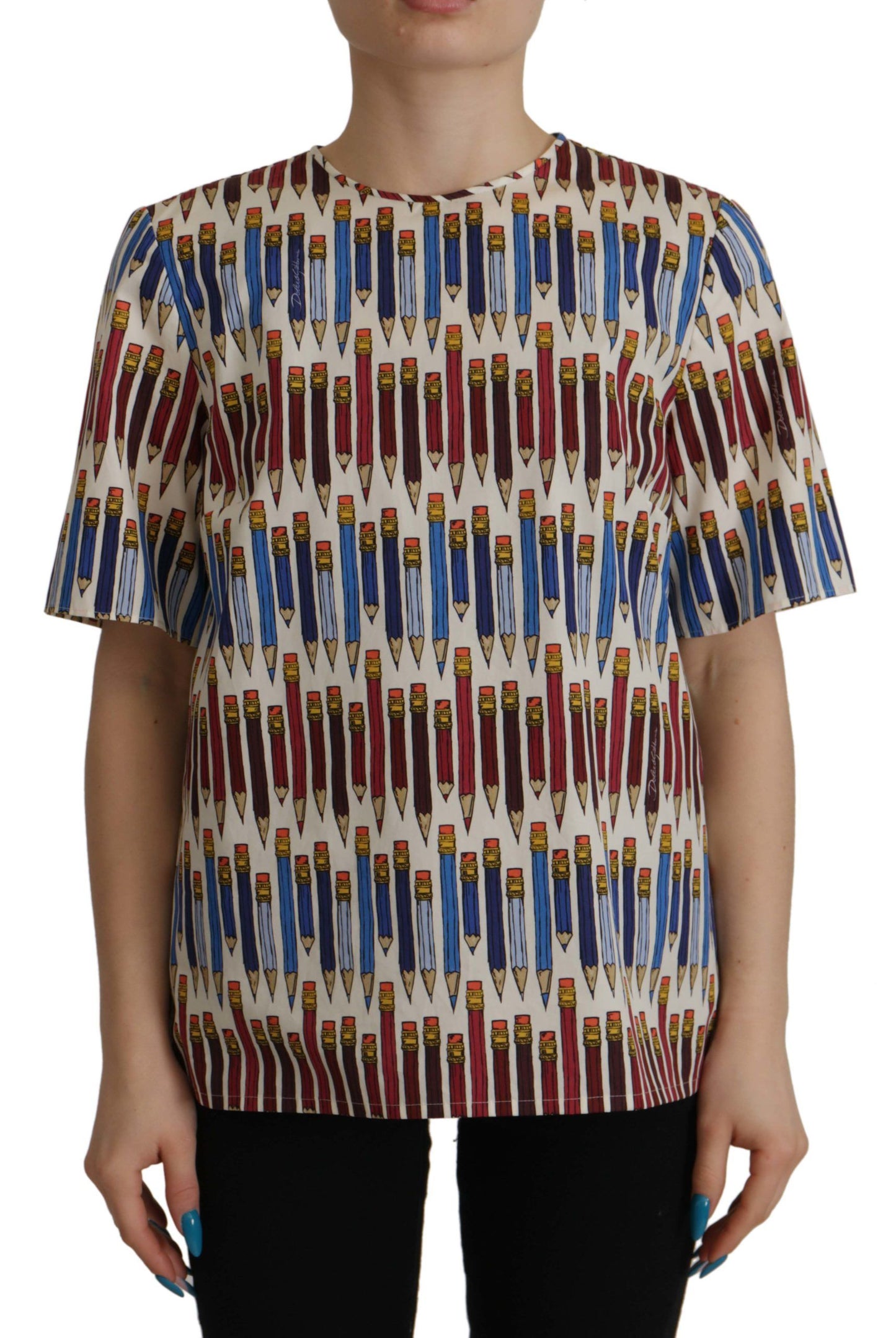 Camiseta-blusa de algodón blanca con estampado de lápices de Dolce & Gabbana