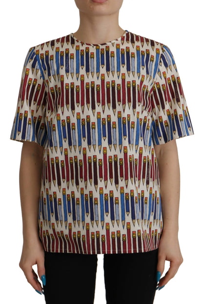 Camiseta-blusa de algodón blanca con estampado de lápices de Dolce & Gabbana