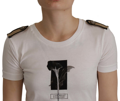 Camiseta de algodón con cuello redondo y estampado de rosas blancas y negras de Dolce & Gabbana