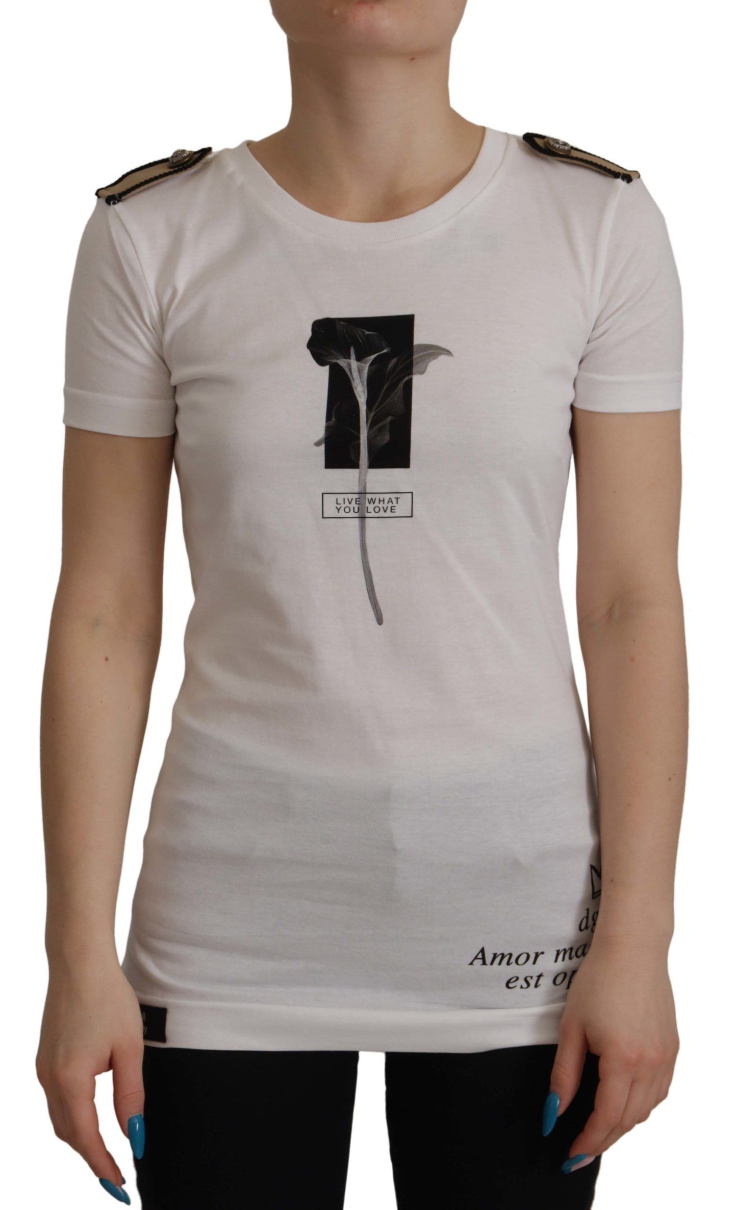 Camiseta de algodón con cuello redondo y estampado de rosas blancas y negras de Dolce & Gabbana