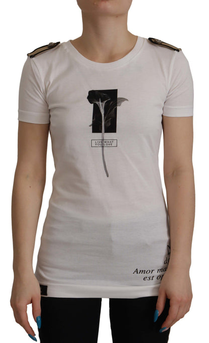 Camiseta de algodón con cuello redondo y estampado de rosas blancas y negras de Dolce & Gabbana