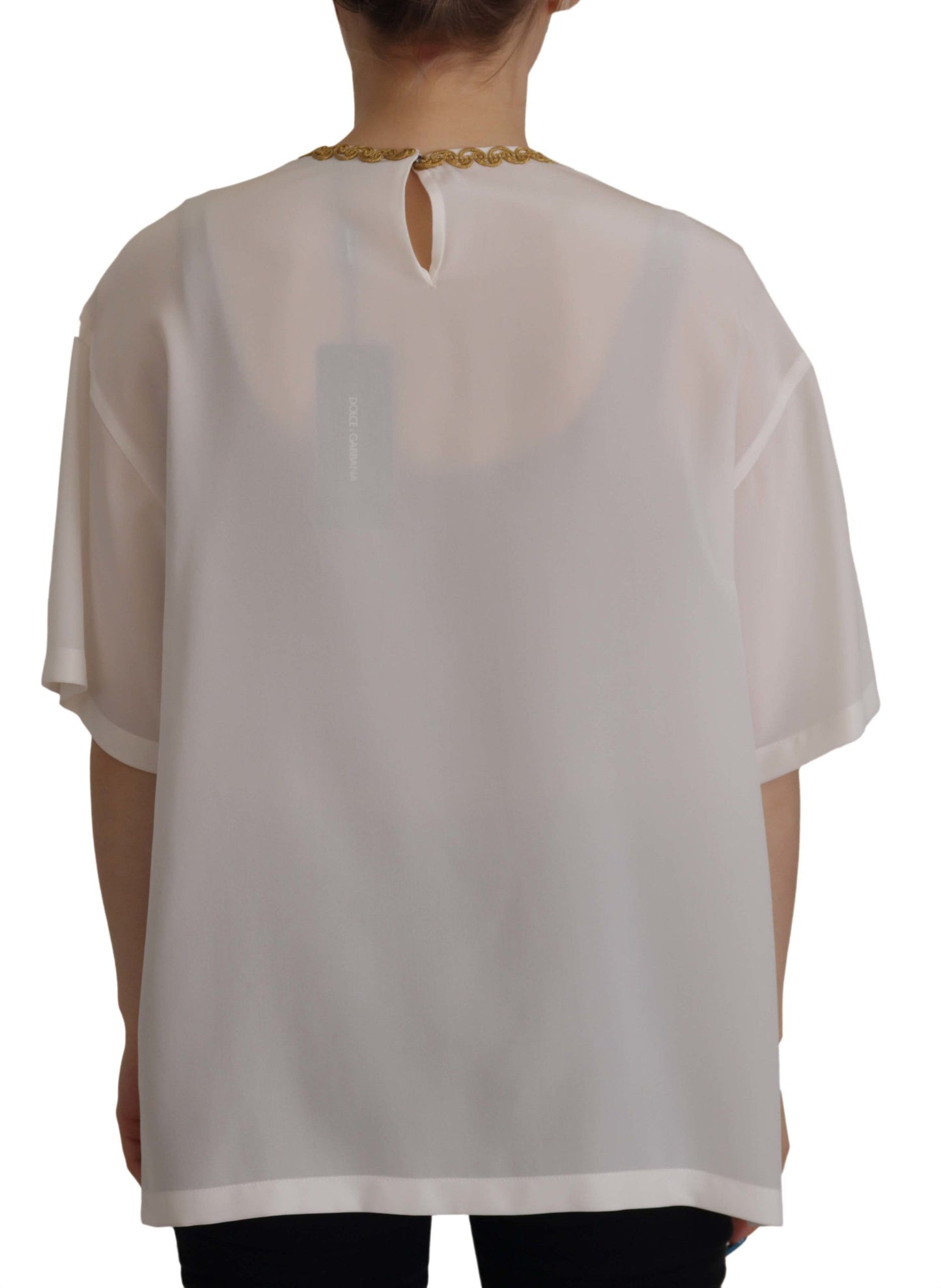 Blusa de seda blanca con corona DG dorada y cristales de Dolce & Gabbana