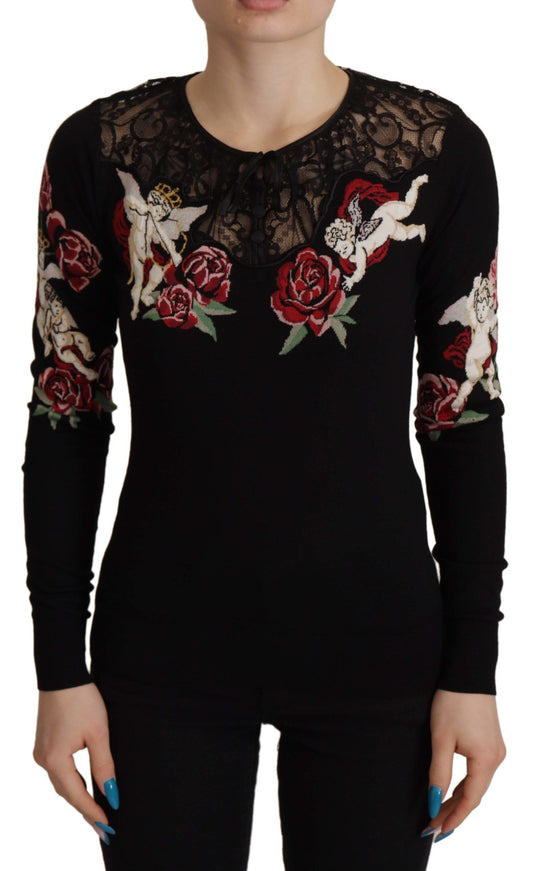 Cárdigan de encaje negro con rosas "Angel" de Dolce & Gabbana