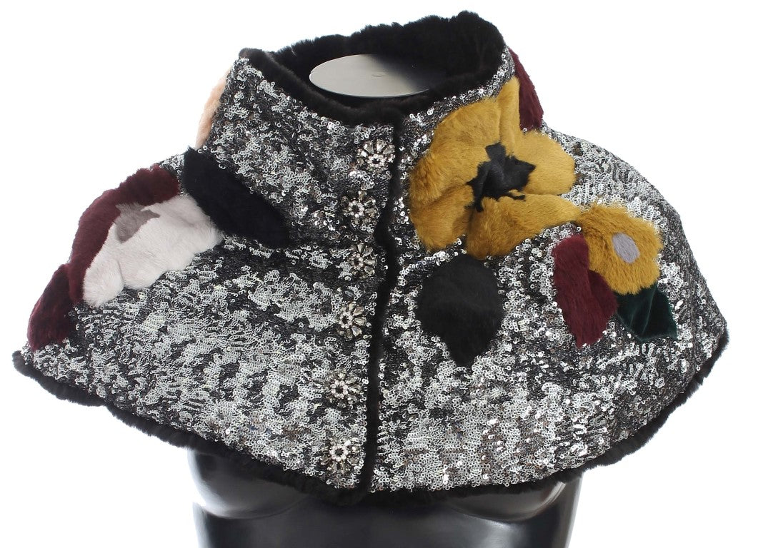 Dolce & Gabbana Bufanda de Hombro Envolvente de Piel de Comadreja Floral con Lentejuelas Plateadas