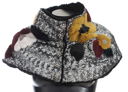 Dolce & Gabbana Bufanda de Hombro Envolvente de Piel de Comadreja Floral con Lentejuelas Plateadas