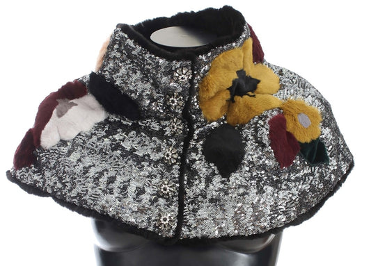 Dolce & Gabbana Bufanda de Hombro Envolvente de Piel de Comadreja Floral con Lentejuelas Plateadas