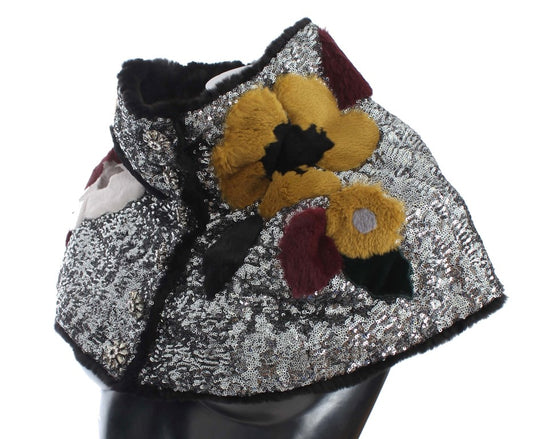 Dolce & Gabbana Bufanda de Hombro Envolvente de Piel de Comadreja Floral con Lentejuelas Plateadas