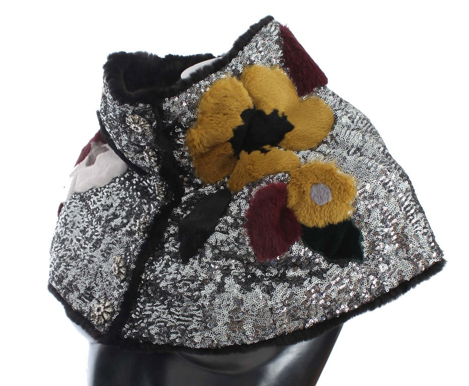 Dolce & Gabbana Bufanda de Hombro Envolvente de Piel de Comadreja Floral con Lentejuelas Plateadas