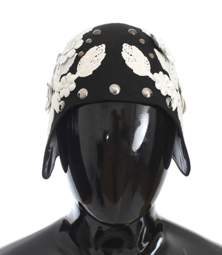 Sombrero Dolce & Gabbana de Lana Negra con Diseño Floral Blanco y Hojas Doradas