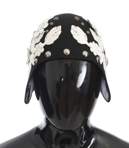 Sombrero Dolce & Gabbana de Lana Negra con Diseño Floral Blanco y Hojas Doradas