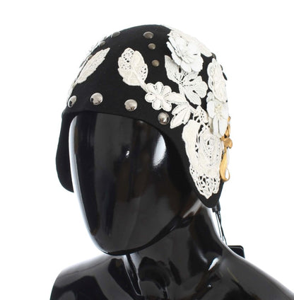 Sombrero Dolce & Gabbana de Lana Negra con Diseño Floral Blanco y Hojas Doradas