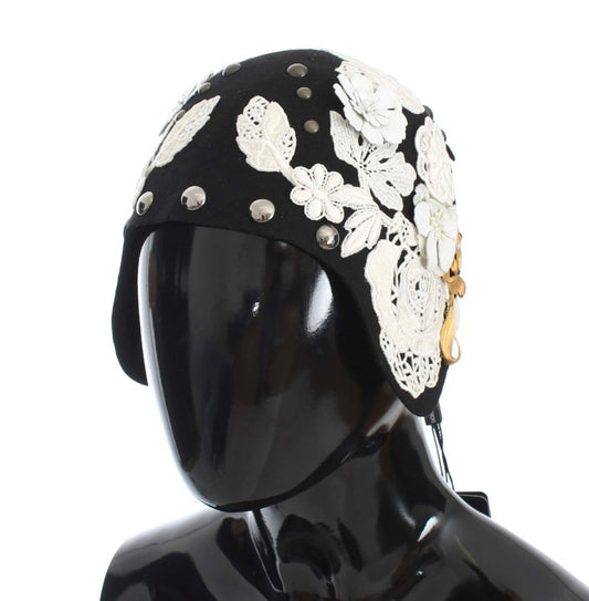 Sombrero Dolce & Gabbana de Lana Negra con Diseño Floral Blanco y Hojas Doradas