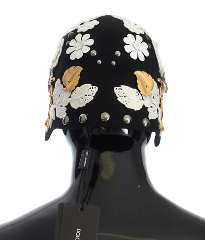 Sombrero Dolce & Gabbana de Lana Negra con Diseño Floral Blanco y Hojas Doradas