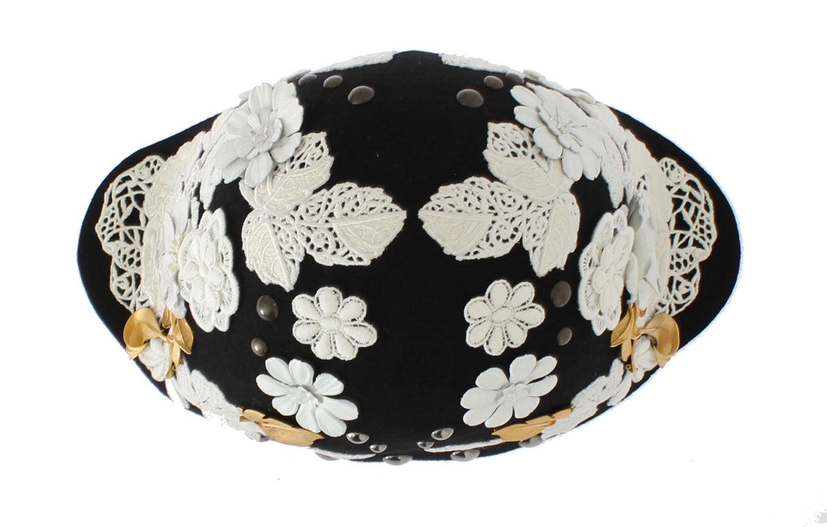Sombrero Dolce & Gabbana de Lana Negra con Diseño Floral Blanco y Hojas Doradas