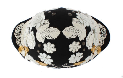 Sombrero Dolce & Gabbana de Lana Negra con Diseño Floral Blanco y Hojas Doradas