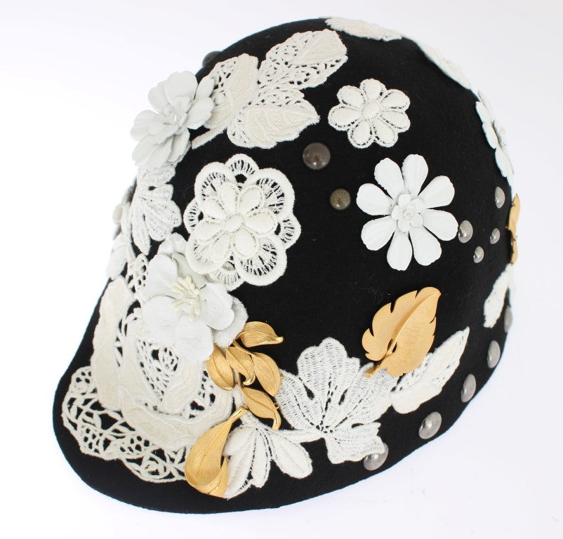 Sombrero Dolce & Gabbana de Lana Negra con Diseño Floral Blanco y Hojas Doradas