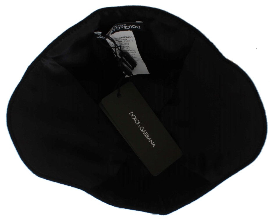 Sombrero Dolce & Gabbana de Lana Negra con Diseño Floral Blanco y Hojas Doradas